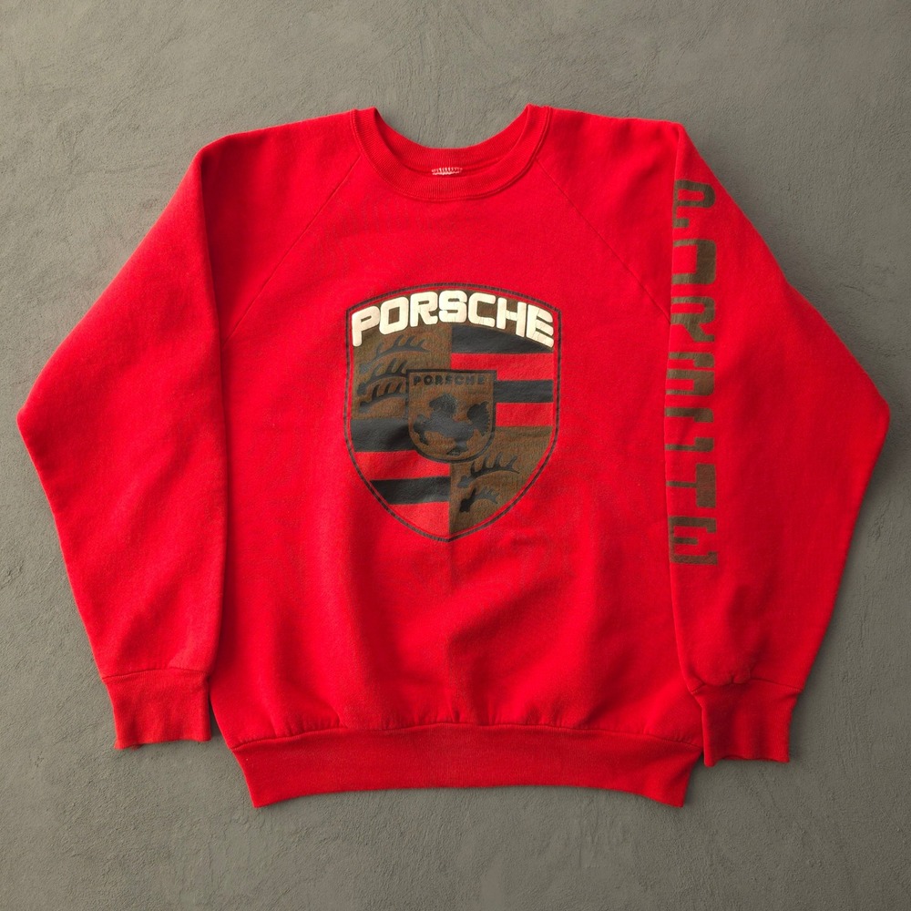 Vintage 80s Red Porsche Sweatshirt XL Raglan Sleeve Made in USA Distressed